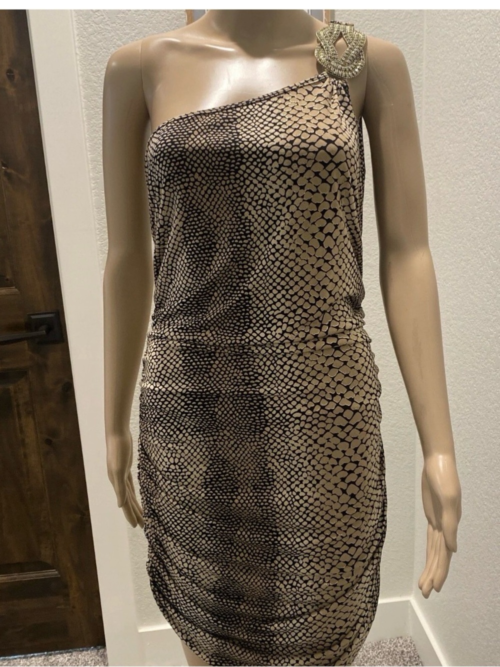 Cache One-Shoulder Beige and Black  Animal Printed Cocktail Dress  Size L